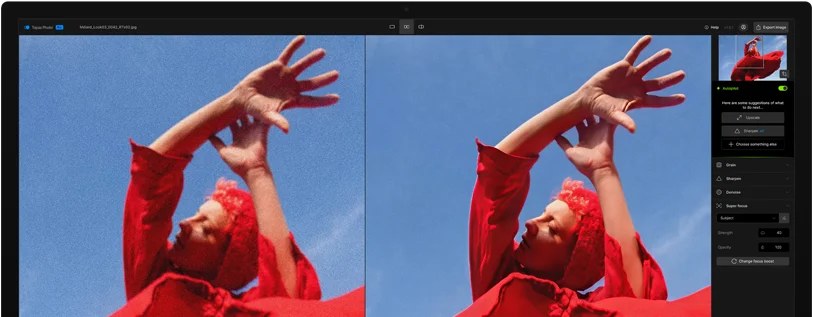 La pantalla del monitor Studio Display muestra dos versiones de la misma imagen, la de la derecha es más nítida que la de la izquierda gracias al uso de IA