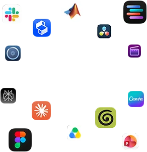 Varios íconos de apps rodean un texto que dice: macOS pone a volar las apps