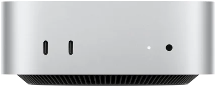 Mac mini, parte frontal, dos puertos Thunderbolt, luz indicadora de estado y entrada para audífonos, base cónica negra en la parte inferior, superficie plana en la parte superior, lados redondeados, bordes rectos, color plata