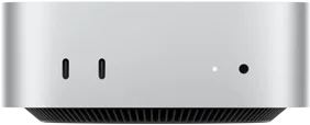 Mac mini, parte frontal, dos puertos Thunderbolt, luz indicadora de estado y entrada para audífonos, base cónica negra en la parte inferior, superficie plana en la parte superior, lados redondeados, bordes rectos, color plata