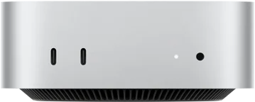 Mac mini, parte frontal, dos puertos Thunderbolt, luz indicadora de estado y entrada para audífonos, base cónica negra en la parte inferior, superficie plana en la parte superior, lados redondeados, bordes rectos, color plata