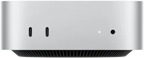 Mac mini, parte frontal, dos puertos Thunderbolt, luz indicadora de estado y entrada para audífonos, base cónica negra en la parte inferior, superficie plana en la parte superior, lados redondeados, bordes rectos, color plata