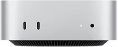 Mac mini, parte frontal, dos puertos Thunderbolt, luz indicadora de estado y entrada para audífonos, base cónica negra en la parte inferior, superficie plana en la parte superior, lados redondeados, bordes rectos, color plata