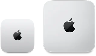 Dos dispositivos Mac mini, parte superior, aluminio color plata, esquinas redondeadas, logo de Apple negro brillante en el centro, el modelo a la izquierda corresponde al último lanzamiento y mide menos de la mitad que el dispositivo a la derecha
