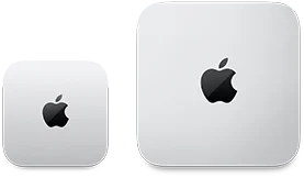Dos dispositivos Mac mini, parte superior, aluminio color plata, esquinas redondeadas, logo de Apple negro brillante en el centro, el modelo a la izquierda corresponde al último lanzamiento y mide menos de la mitad que el dispositivo a la derecha