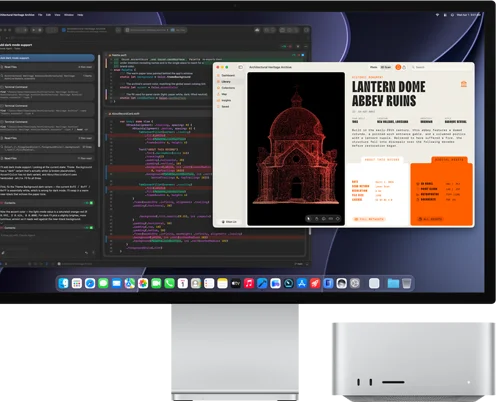 Studio Display XDR, la pantalla muestra un documento en proceso con Claude Agent en XCode, Mac Studio, vista frontal