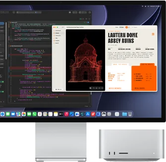 Studio Display XDR, la pantalla muestra un documento en proceso con Claude Agent en XCode, Mac Studio, vista frontal
