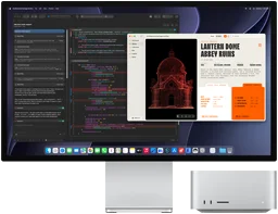 Studio Display XDR, la pantalla muestra un documento en proceso con Claude Agent en XCode, Mac Studio, vista frontal