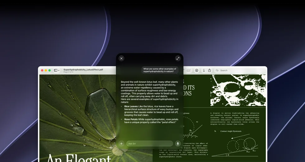 Demostración de Siri e Inteligencia Visual, consulta de un usuario sobre un tema en un PDF en la pantalla de una Mac, ¿Qué otros ejemplos hay de superhidrofobicidad en la naturaleza?, respuesta de Siri