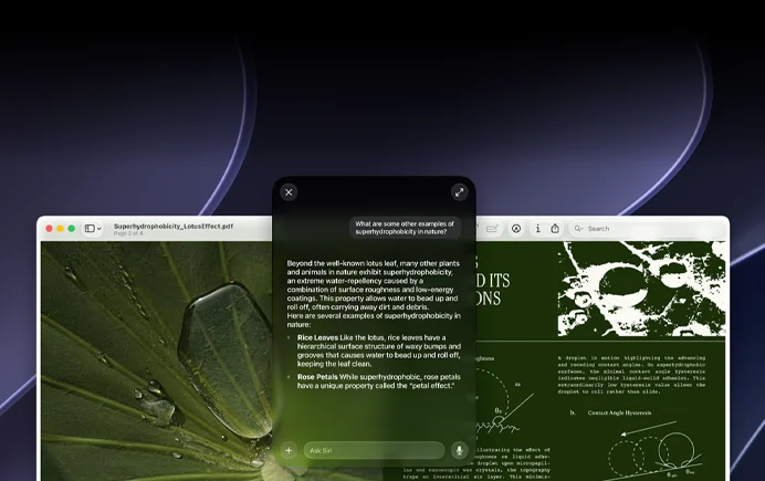 Demostración de Siri e Inteligencia Visual, consulta de un usuario sobre un tema en un PDF en la pantalla de una Mac, ¿Qué otros ejemplos hay de superhidrofobicidad en la naturaleza?, respuesta de Siri