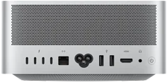 Mac Studio, parte posterior, ventilación de aluminio perforado, cuatro puertos Thunderbolt 5, puerto Ethernet, entrada para cable de corriente, dos puertos USB‑A, puerto HDMI, entrada para audífonos y botón de encendido