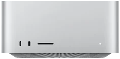 Mac Studio, parte frontal, dos puertos USB‑C, ranura para tarjeta SDXC, luz indicadora de estado, base cónica en la parte inferior, superficie plana en la parte superior, lados redondeados, bordes rectos, color plata, Mac Studio, parte posterior, ventilación de aluminio perforado, cuatro puertos Thunderbolt 5, puerto Ethernet, entrada para cable de corriente, dos puertos USB‑A, puerto HDMI, entrada para audífonos y botón de encendido
