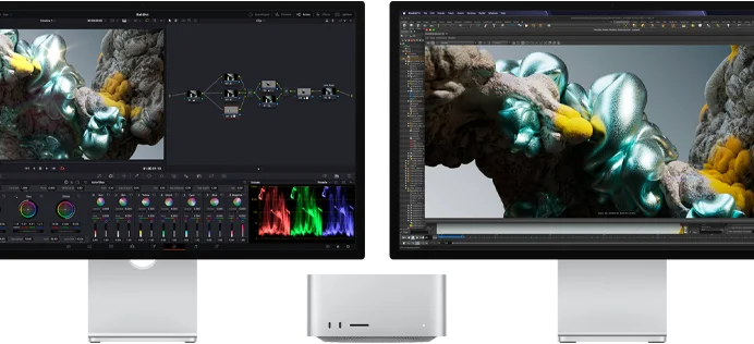 Monitores Studio Display y Studio Display XDR, uno a cada lado de una Mac Studio, que muestran el espacio de trabajo de un artista, con software y herramientas para modelado 3D