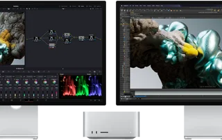 Monitores Studio Display y Studio Display XDR, uno a cada lado de una Mac Studio, que muestran el espacio de trabajo de un artista, con software y herramientas para modelado 3D