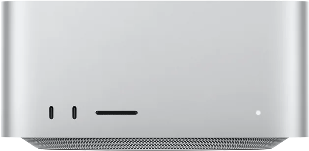 Mac Studio, parte frontal, dos puertos USB‑C, ranura para tarjeta SDXC, luz indicadora de estado, base cónica en la parte inferior, superficie plana en la parte superior, lados redondeados, bordes rectos, color plata