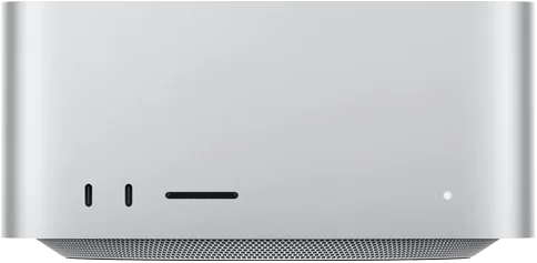 Mac Studio, parte frontal, dos puertos USB‑C, ranura para tarjeta SDXC, luz indicadora de estado, base cónica en la parte inferior, superficie plana en la parte superior, lados redondeados, bordes rectos, color plata