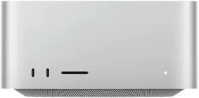 Mac Studio, parte frontal, dos puertos USB‑C, ranura para tarjeta SDXC, luz indicadora de estado, base cónica en la parte inferior, superficie plana en la parte superior, lados redondeados, bordes rectos, color plata